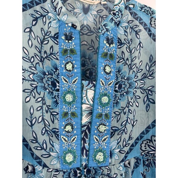 Soft Surroundings Oasis Tunic Embroidered Floral Blouse Blue Sheer XSMALL EUC - Picture 8 of 14